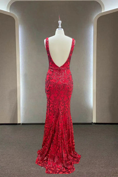V Back   Dazzling Sequin Mermaid V-Neck Sleeveless Open-Back High-Slit Floor-Length Prom Gown