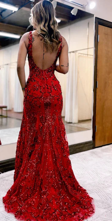 V Back   Dazzling Sequin Mermaid V-Neck Sleeveless Open-Back High-Slit Floor-Length Prom Gown