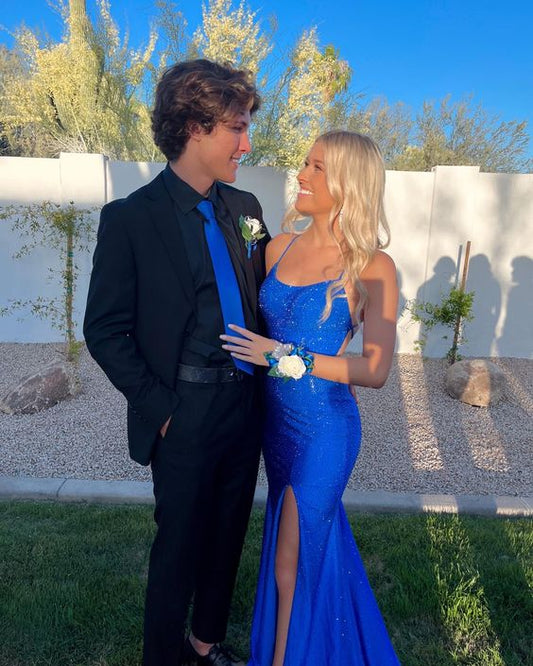 Dazzling Sequin Spaghetti-strap Cross-back High-slit Train Prom Dress