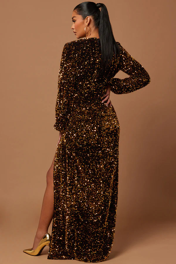 Dazzling Deep V-Neck Long Sleeve Sequin High-Slit Black Gold Floor-Length Prom Gown