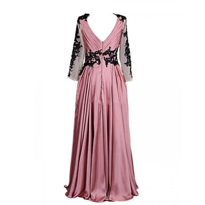Vestido de fiesta de gasa negra y rosa con cuello en V y mangas largas con apliques 