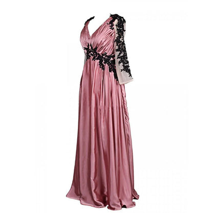 Vestido de fiesta de gasa negra y rosa con cuello en V y mangas largas con apliques 