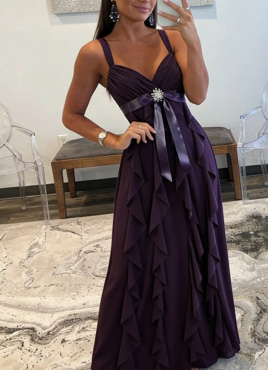 Deep Purple Spaghetti Strap Prom Dress With Crystal Bow Detail And Tiered Ruffle Chiffon A Line Formal Prom Dress
