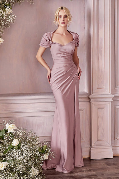Deep V Neck Navy Blue Satin Ruched Mermaid Evening Dresses with Capelet Sleeves and Front Slit