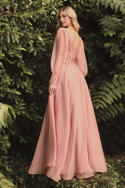 Deep V Neck Blush Pink Chiffon Evening Dresses with 3D Floral Bodice and Long Sleeves