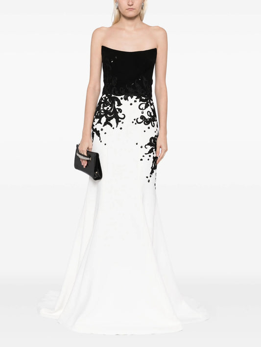Dramatic Black & White Strapless Lace Appliqué Mermaid Gown
