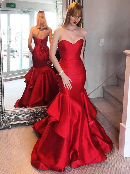 Dramatic Red Satin Mermaid Sweetheart Strapless Lace-Up-Back Ruffled Floor-Length Prom Gown