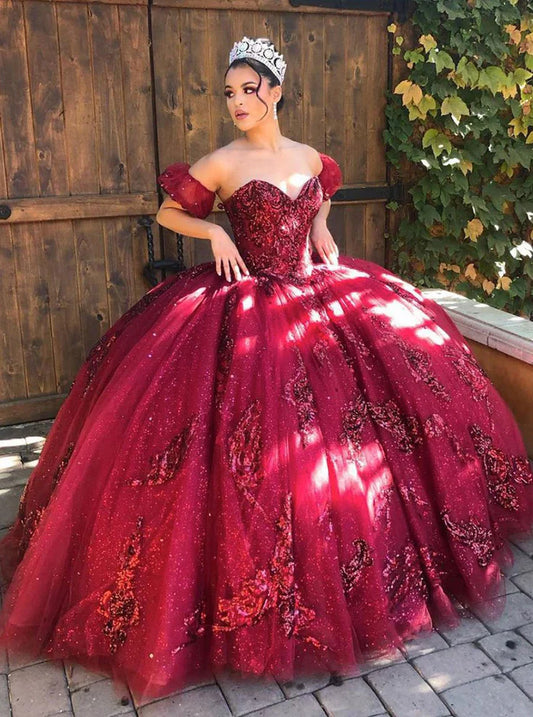 Dramatic Sequin Ballgown Sweetheart Off-the-Shoulder Puff-Sleeve Lace-Up-Back Floor-Length Quinceañera Gown