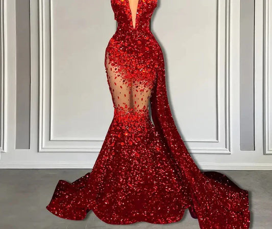 Sparkle & Shine Dramatic Sequin Mermaid Sweetheart Strapless Sheer-Panel Overskirt-Train Floor-Length Evening Gown