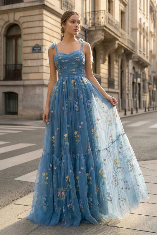 Dusty Blue Floral Embroidered Bow Strap Lace Up Back Prom Dresses