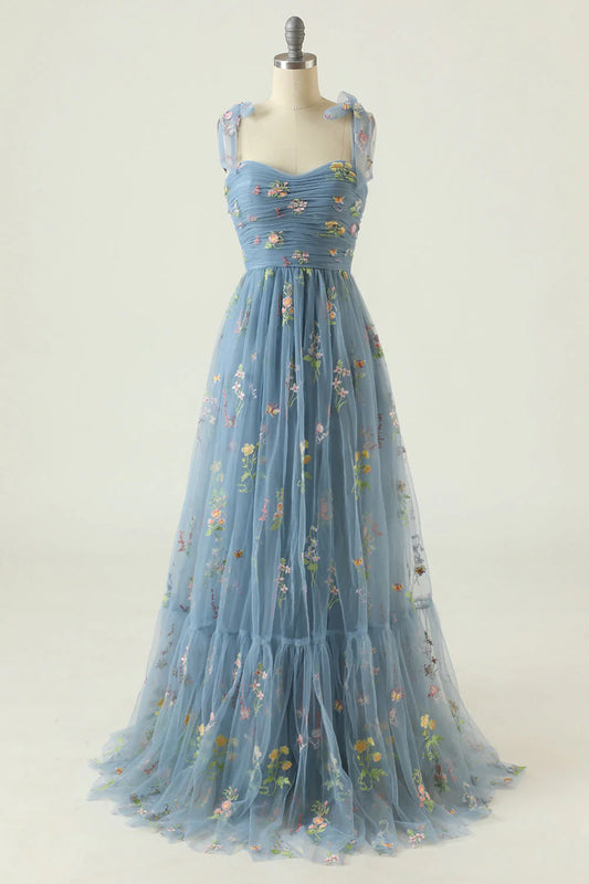 Dusty Blue Floral Embroidered Tulle Tie-Strap Sweetheart A-Line Prom Dress