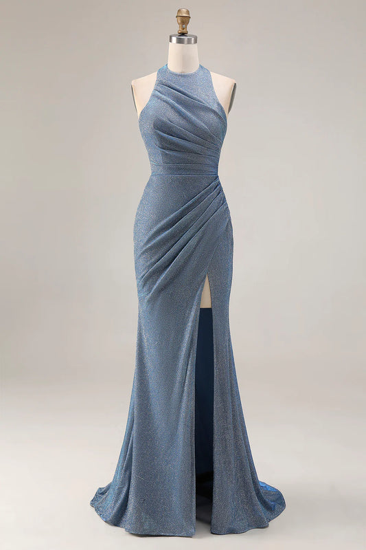 Dusty Blue Halter Neck Ruched High Slit Glitter Mermaid Prom Dress with Train