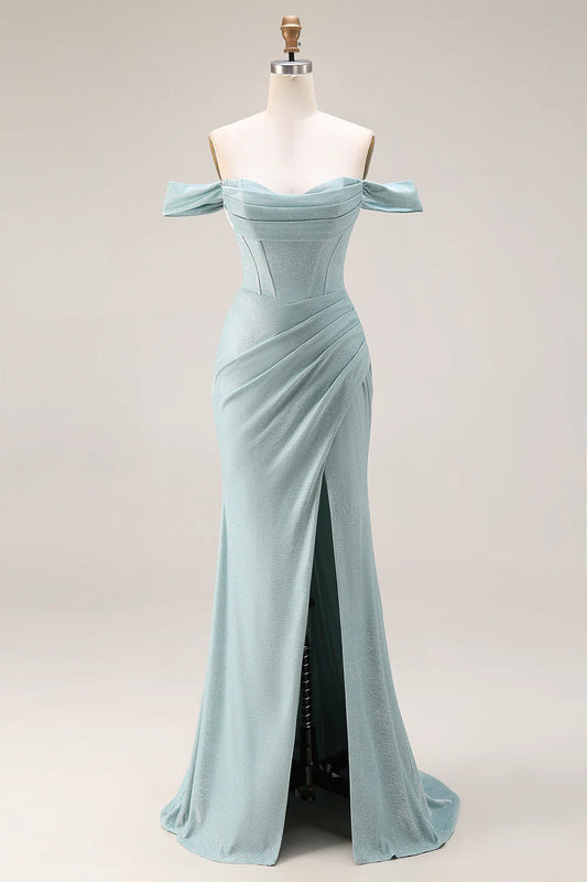 Dusty Blue Off-the-Shoulder Glitter Corset Ruched Mermaid Prom Dress with Slit and Train