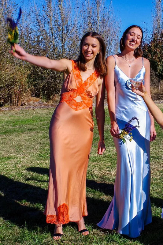 Dusty Blue Satin Maxi Prom Dresses with Thin Spaghetti Straps Deep V Neck 3D Floral Detail Open Back Mermaid Skirt for Prom and Cocktail Party