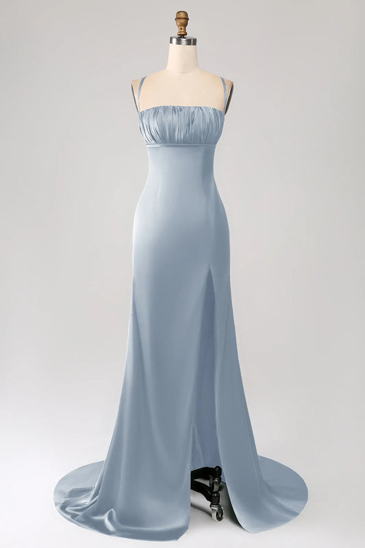 Dusty Blue Satin Spaghetti Strap Square Neck Mermaid Prom Dress with High Slit