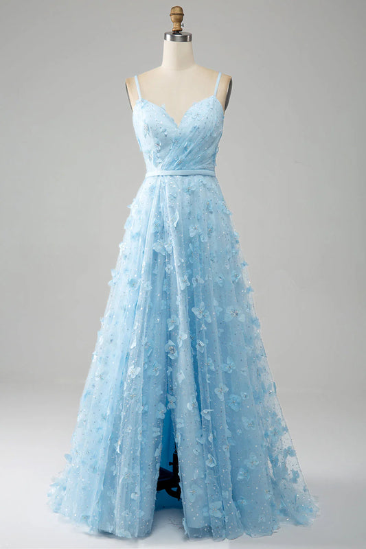 Dusty Blue Tulle Spaghetti Strap 3D Flower Lace-Up Back Prom Dress