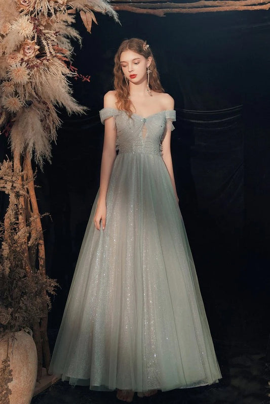 Dusty Green Glitter Tulle Ball Gown Off The Shoulder Sweetheart Neck Corset Back Floor Length Formal Evening Prom Dress