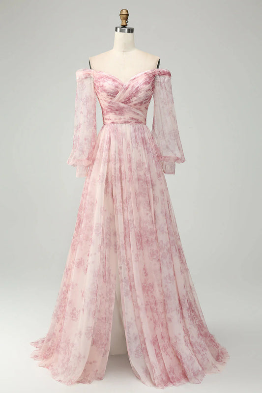 Dusty Pink Floral Print Off-the-Shoulder Puff Sleeve Chiffon Prom Dress with Slit