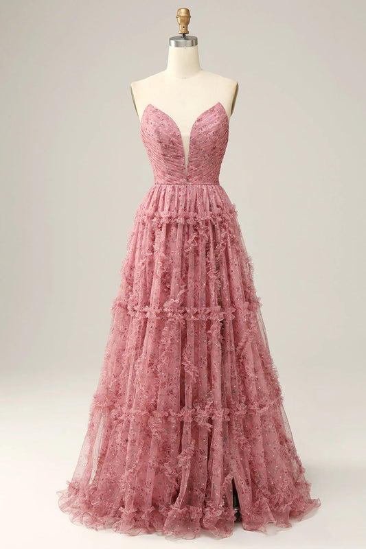 Dusty Pink Floral Print Strapless Sweetheart Tiered Ruffle Tulle A-Line Prom Dress