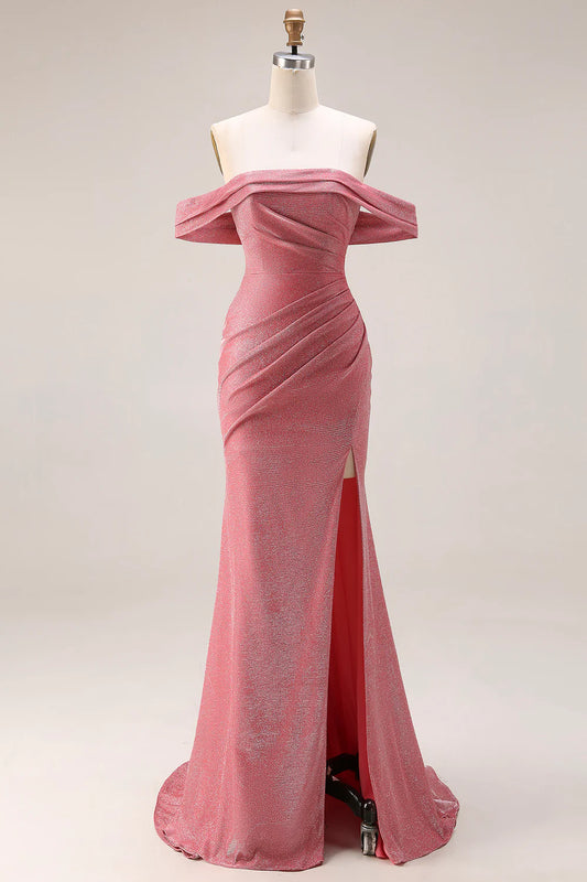 Dusty Pink Off-the-Shoulder Glitter Ruched Mermaid Prom Dress with Slit and Train
