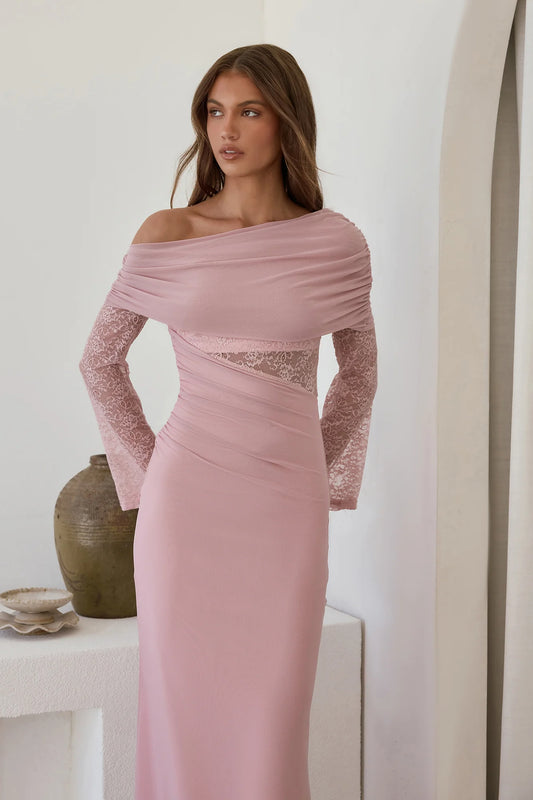 Dusty Pink Off Shoulder Prom Dress With Lace Long Sleeves And Mermaid Formal Prom Dress