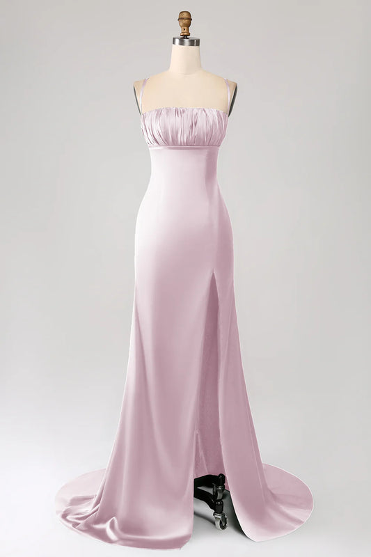 Dusty Pink Satin Spaghetti Strap Square Neck Mermaid Prom Dress with Slit