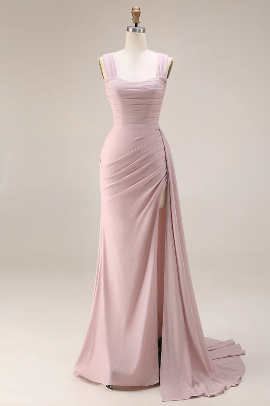 Dusty Pink Square Neck Sleeveless Ruched Mermaid Prom Dress with Slit and Train