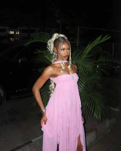 Dusty Pink Strapless Open Back Ruffled Chiffon A Line Long Formal Evening Prom Dress