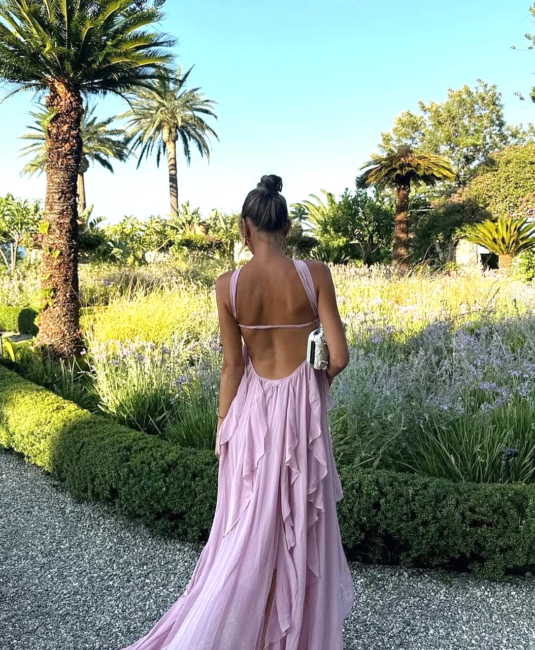 Dusty Pink Strapless Open Back Ruffled Chiffon A Line Long Formal Evening Prom Dress
