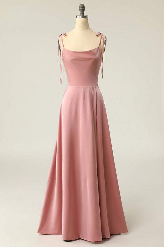 Dusty Rose Cowl Neck Spaghetti Strap Tie Detail Satin A-Line Maxi Bridesmaid Dress