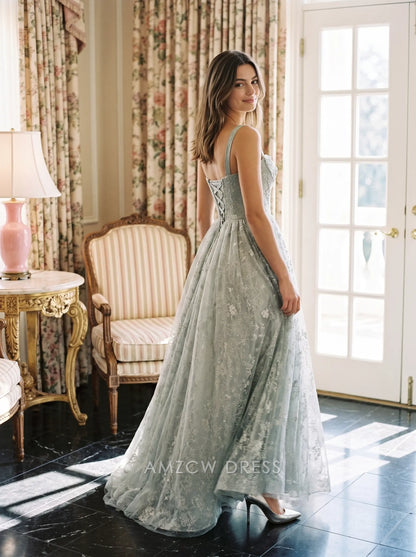 Dusty Sage Sweetheart Neck Floral Embroidered Corset Back Tulle Formal Evening Prom Dress