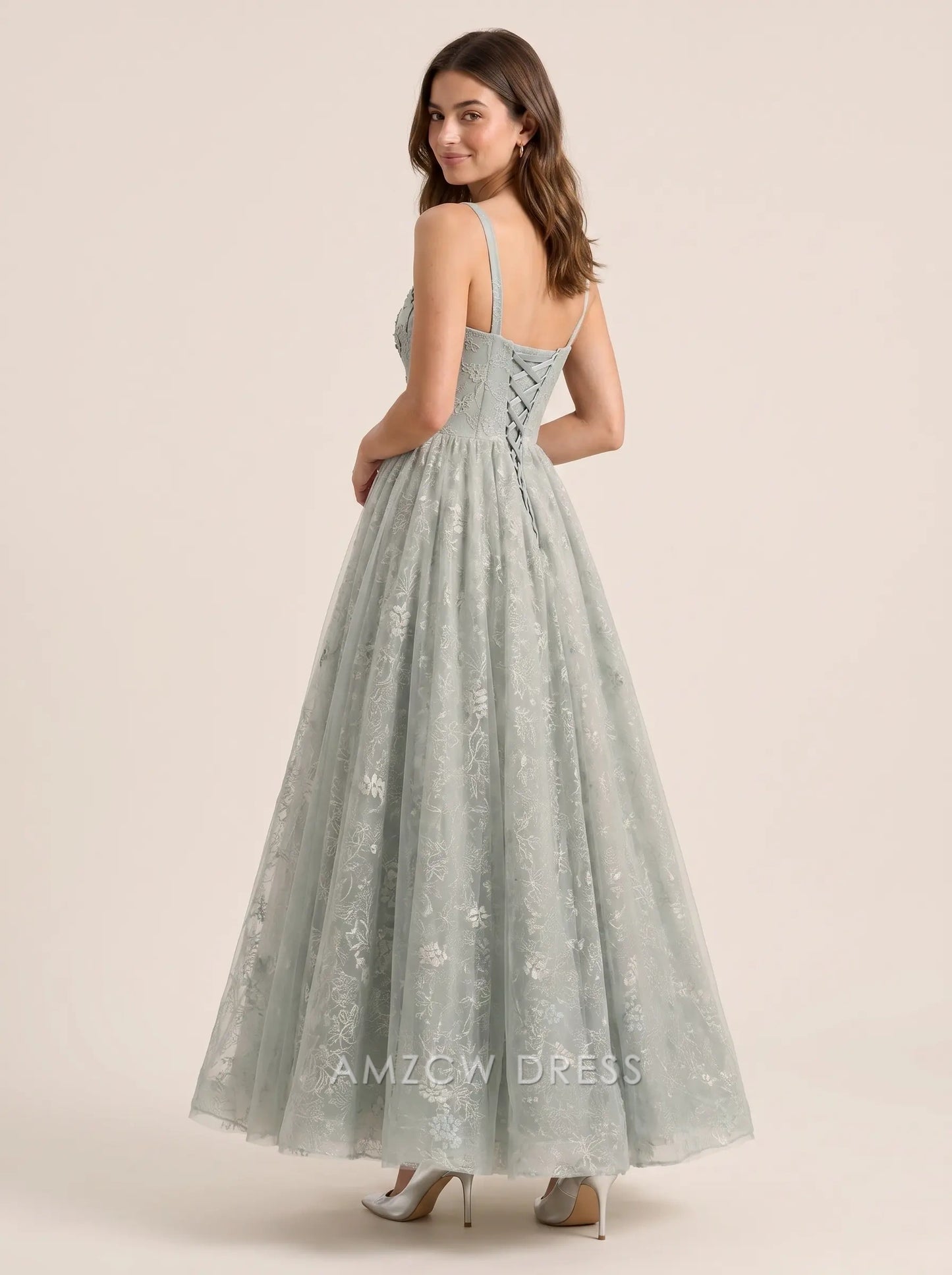 Dusty Sage Sweetheart Neck Floral Embroidered Corset Back Tulle Formal Evening Prom Dress