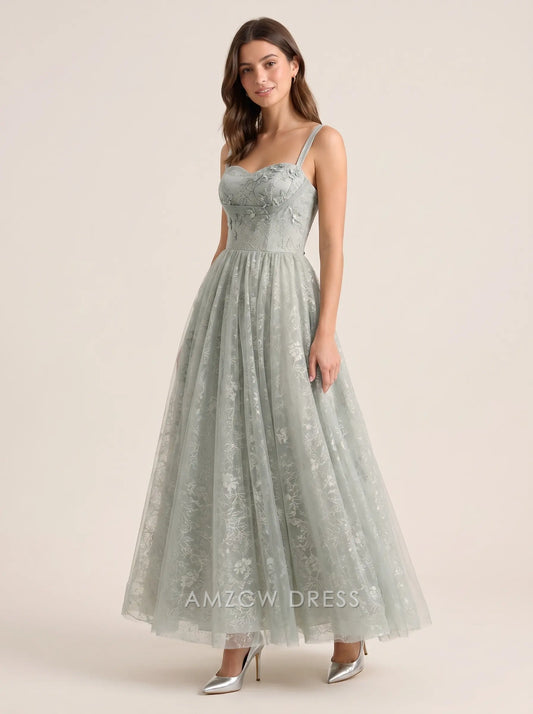 Dusty Sage Sweetheart Neck Floral Embroidered Corset Back Tulle Formal Evening Prom Dress