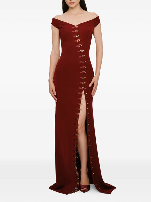 Edgy Mermaid Off-the-Shoulder Buckle-Trim Prom Dress