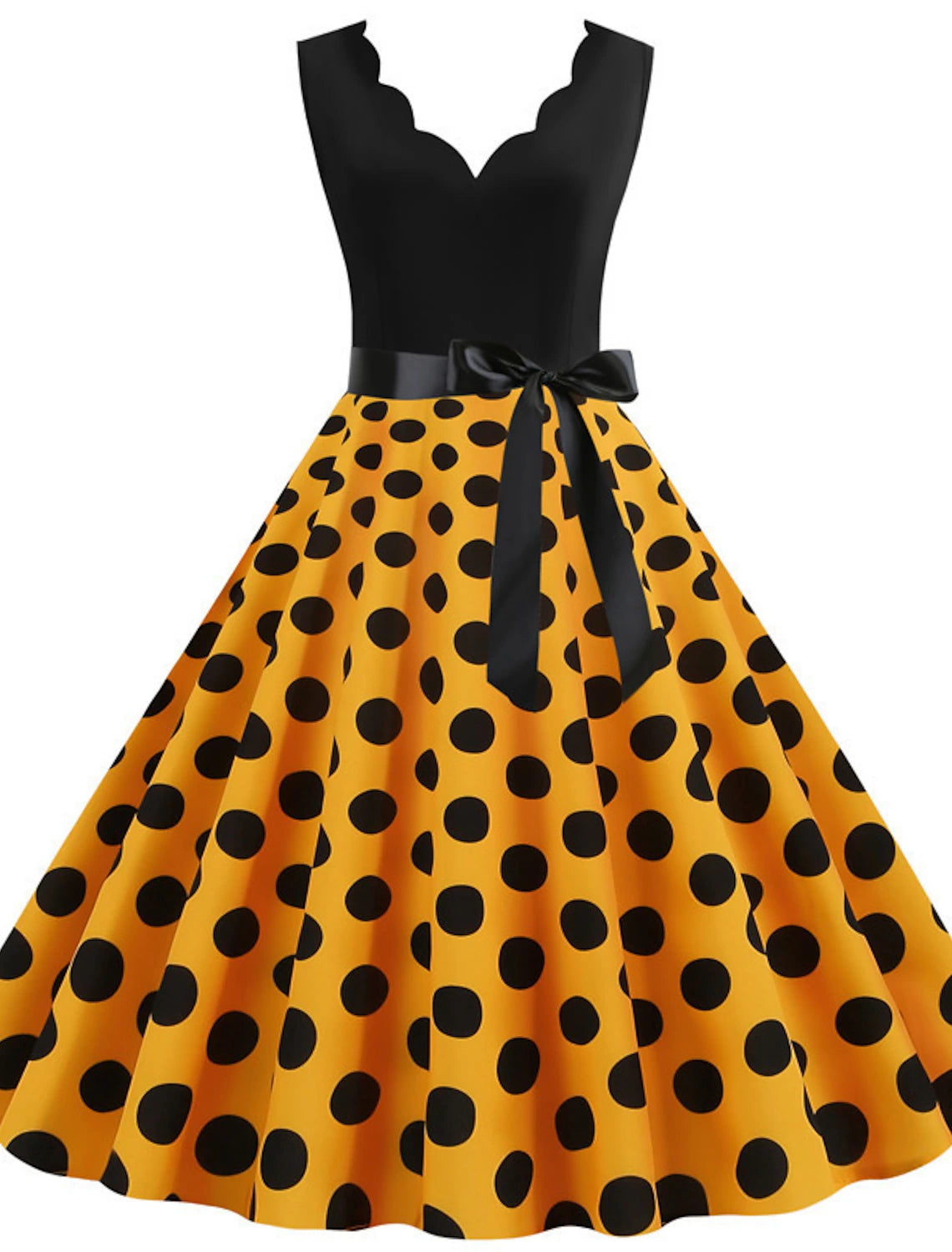 Back view of the elegant polka dot cocktail dress, showcasing its full skirt.