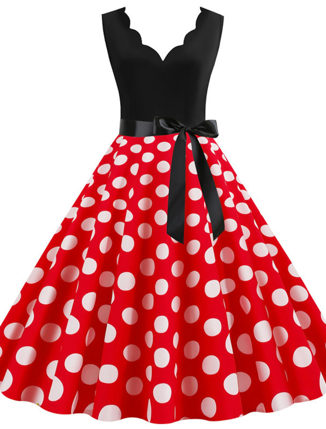 Close-up of the polka dot pattern and fabric detail on the vintage-style dress.