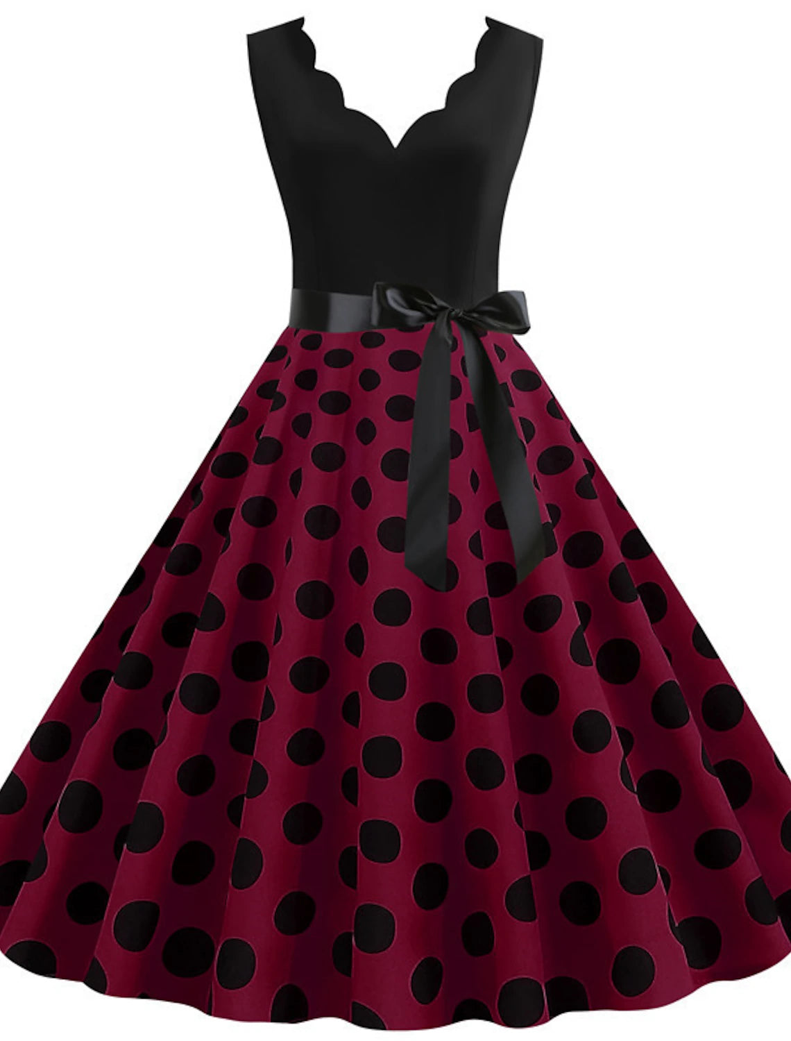 Woman posing in the charming 1950s flare dress, highlighting its silhouette.