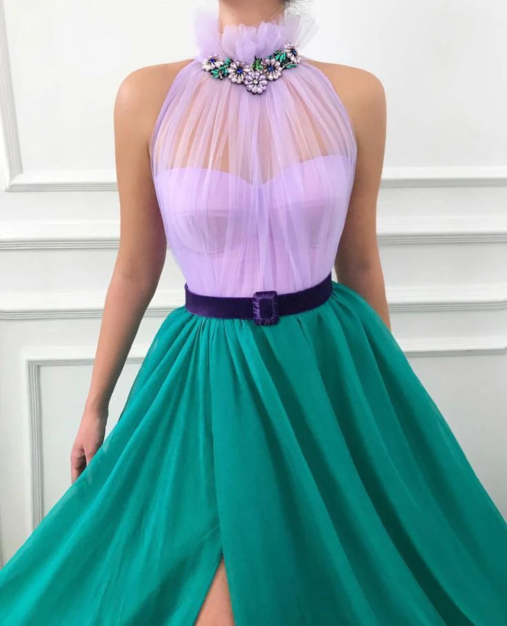 Elegant A Line Chiffon Open Back Halter Slit Tulle Long Cheap Prom Dresses