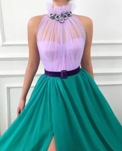 Elegant A Line Chiffon Open Back Halter Slit Tulle Long Cheap Prom Dresses