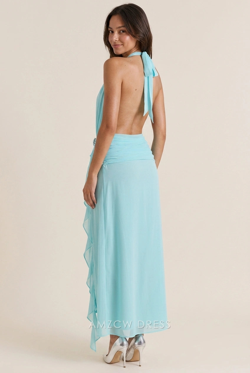 Side view of the aqua blue prom dress, highlighting the high thigh slit and ruched details.