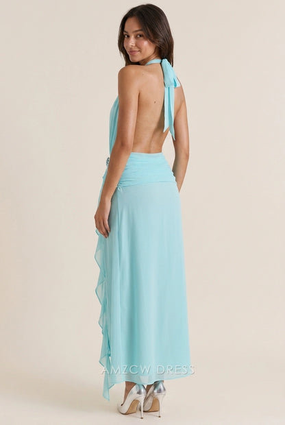 Side view of the aqua blue prom dress, highlighting the high thigh slit and ruched details.