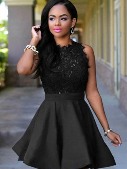 Model wearing an elegant black A-line short homecoming dress with a jewel cut neckline and lace satin details.