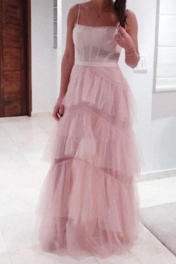 Elegant A Line Pink Spaghetti Straps Tiered Tulle Long Prom Dress