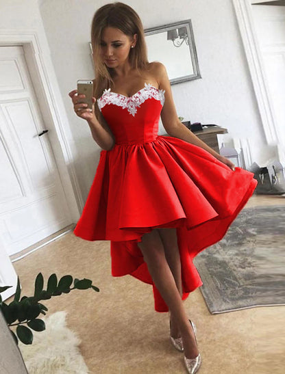 Elegant A-Line satin cocktail dress with asymmetrical strapless neckline and appliques.