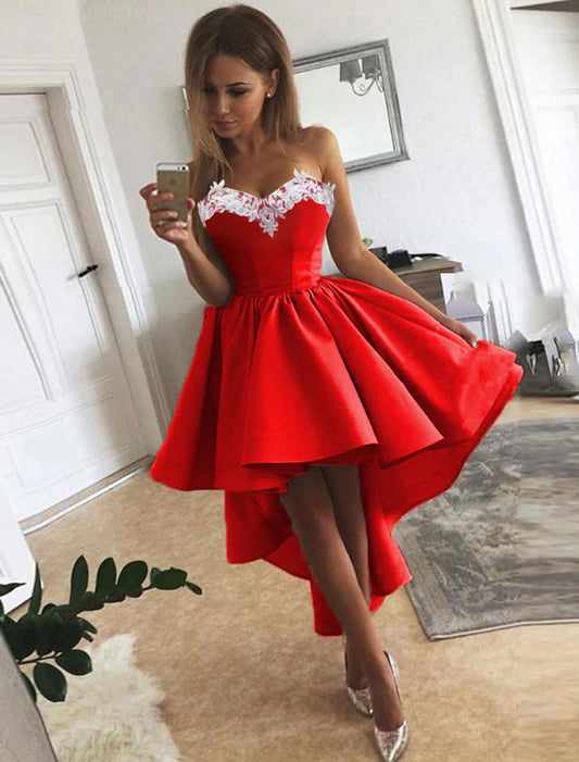 Elegant A-Line satin cocktail dress with asymmetrical strapless neckline and appliques.