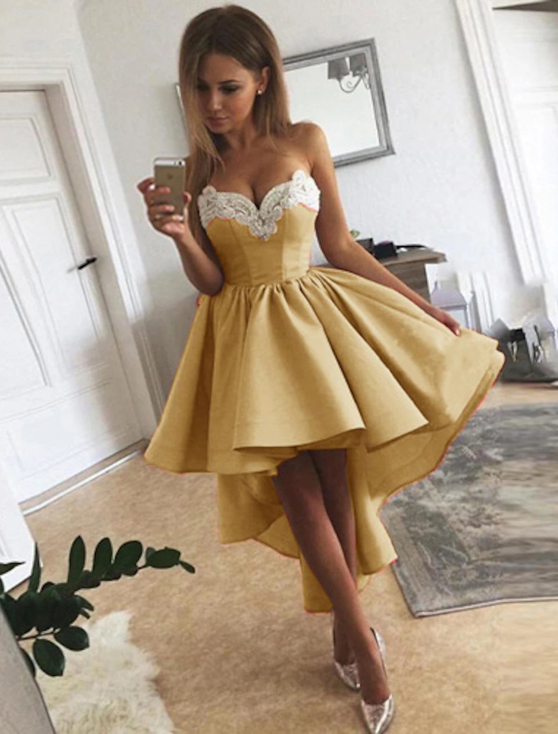 Side profile of the A-Line satin dress, highlighting its silhouette.