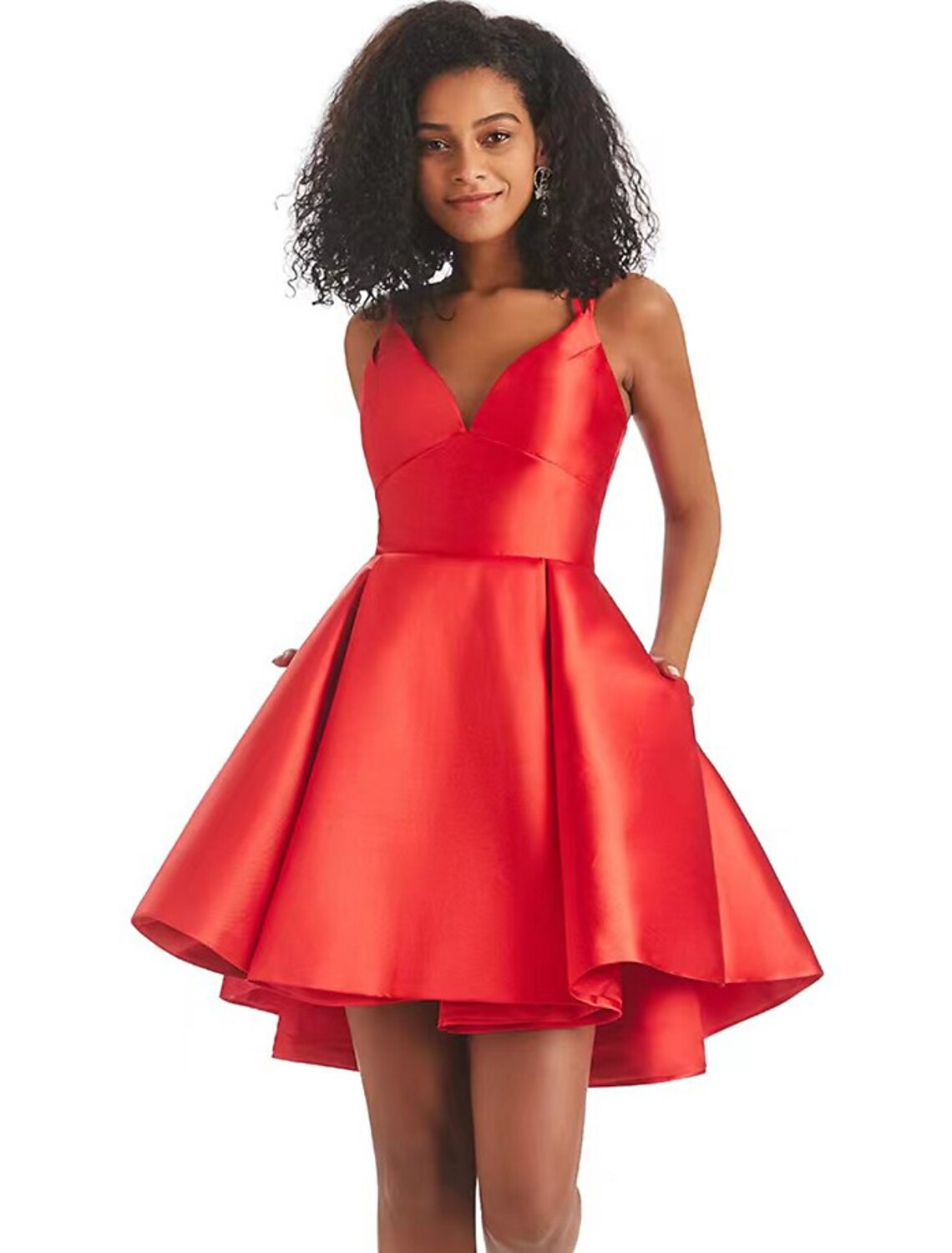 Front view of an elegant A-line satin homecoming dress with a V-neck and pleats.