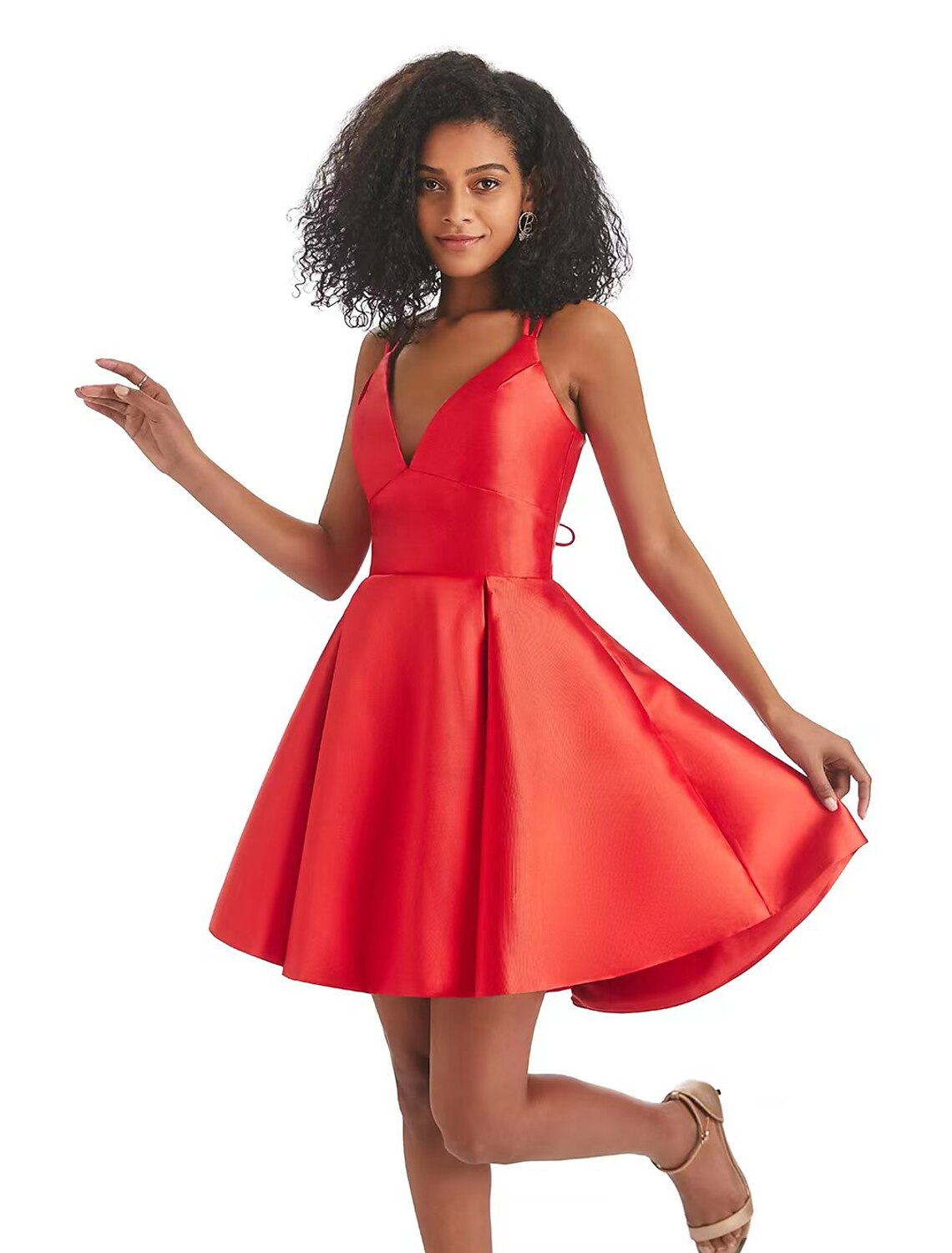 Back view of a backless A-line satin homecoming dress, showcasing the design.