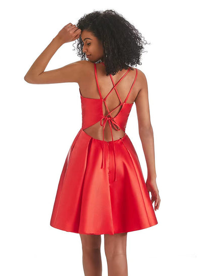 Side view of a short A-line satin dress, highlighting the pleated skirt and V-neck.