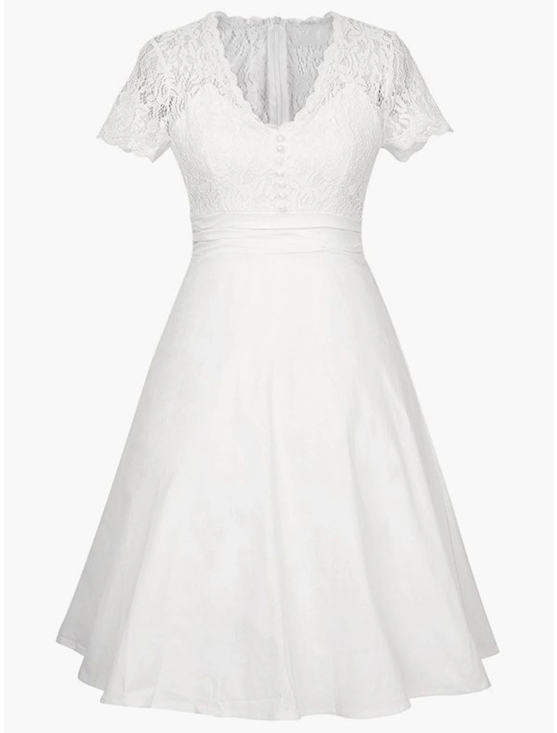 Woman wearing an elegant A-line satin party dress with appliques, V-neck, and short sleeves.